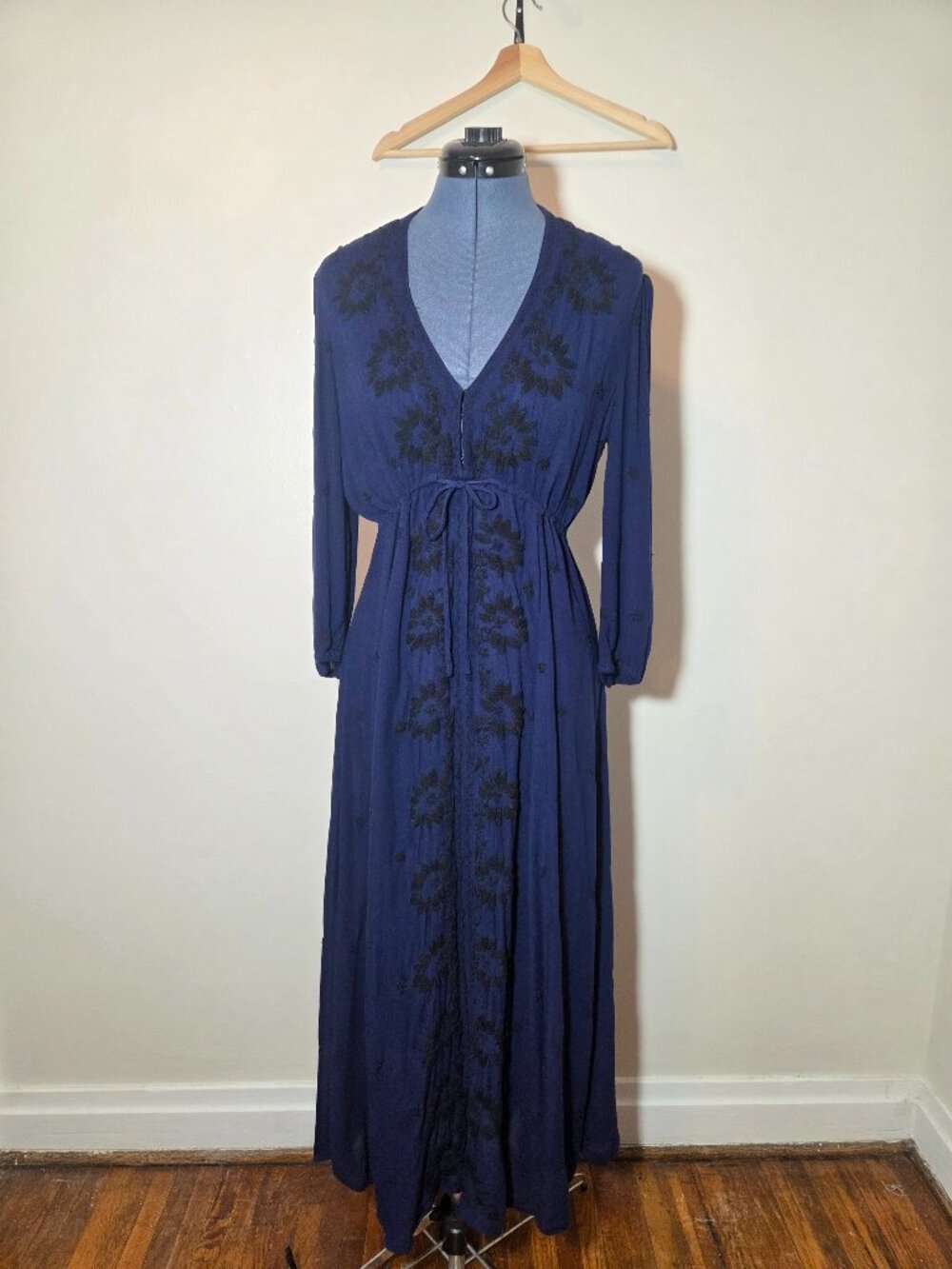 Free People Navy Maxi Dress with Black Floral Embroidery